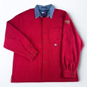 Vintage Tommy Jeans Fleece Shirt Mens L Red Denim Collar Aviator 90s Button